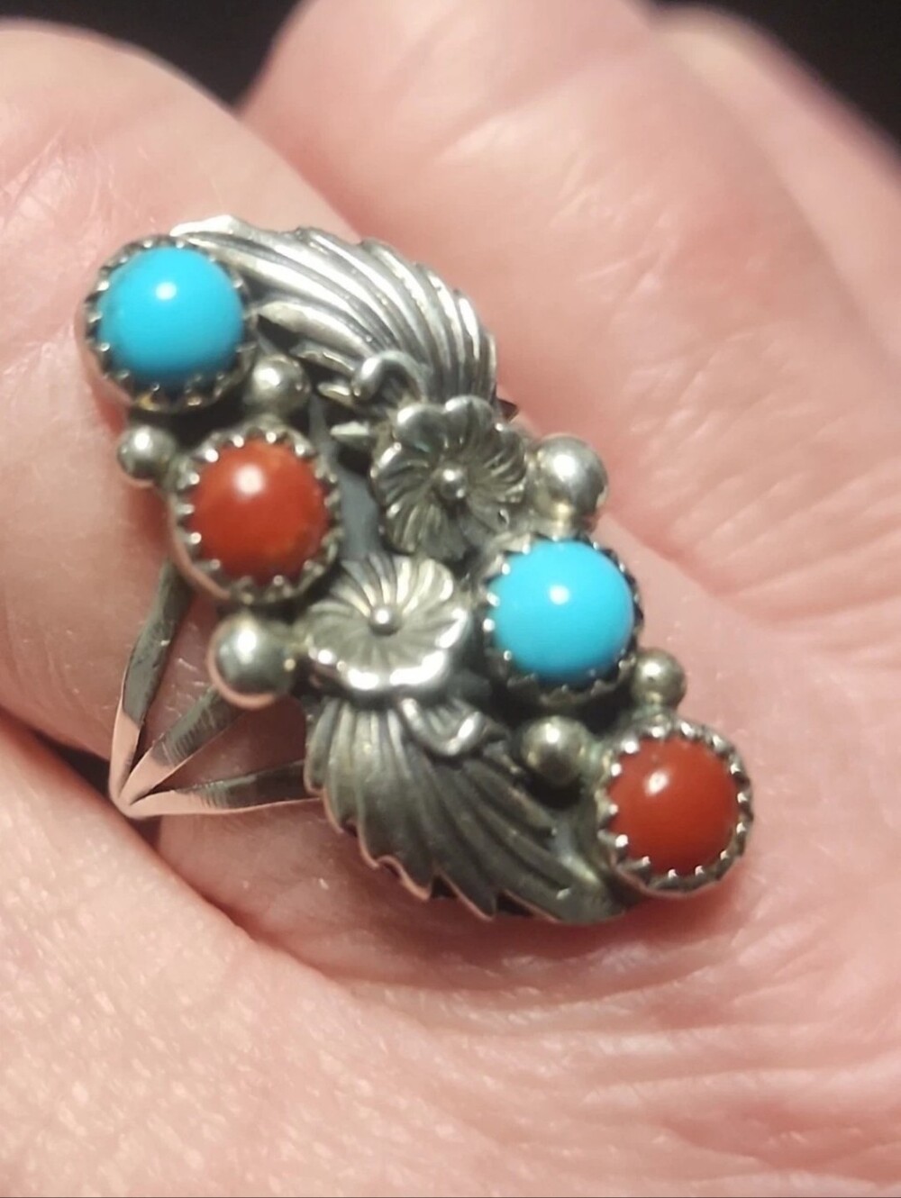 Native American Sterling Silver Turquoise & Coral Ring Sz8